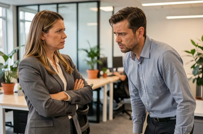 Deux collègues en tension dans un bureau moderne, illustrant un comportement ingrat au travail