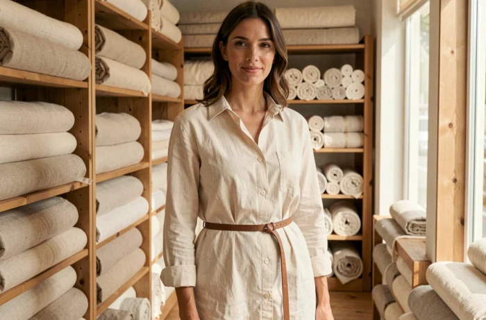 Femme en robe chemise en coton naturel Comptoir des Cotonniers dans une boutique de tissus biologiques, le coton comme ADN de la marque