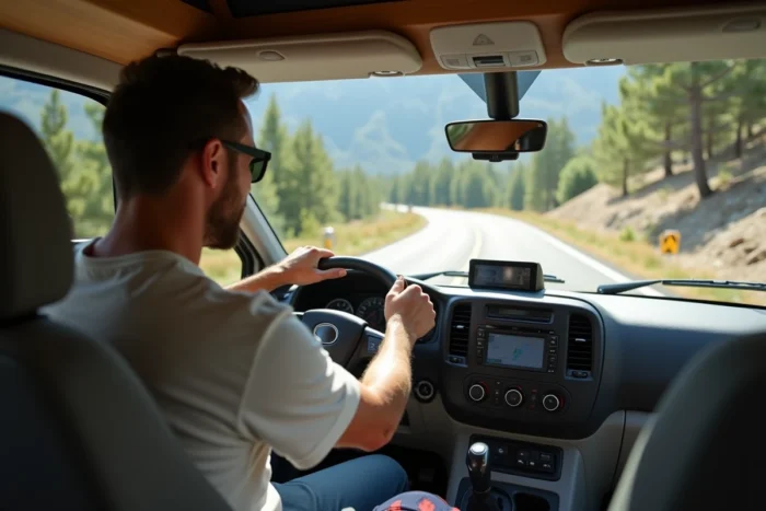 Conducteur de camping-car consultant un GPS sur une route de montagne corse lors du trajet entre Propriano et Ajaccio