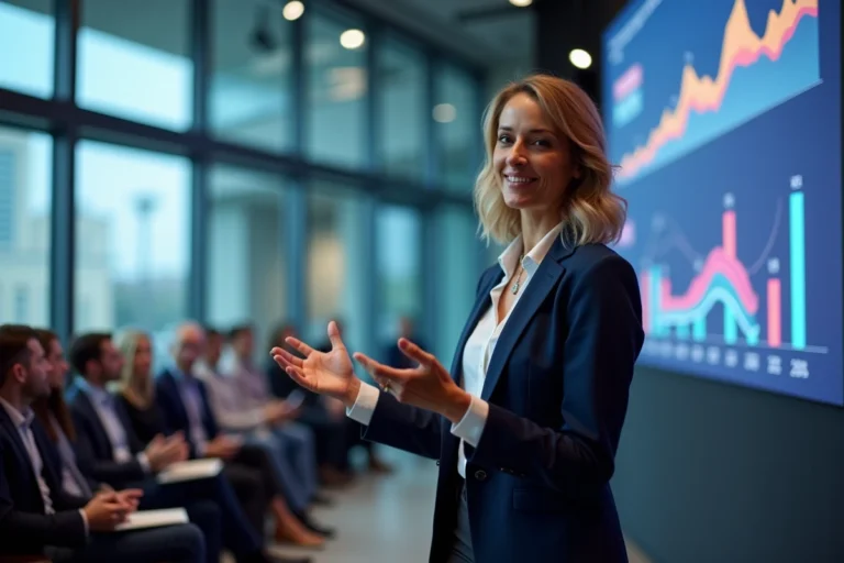 Femme professionnelle présentant des tendances B2B lors d'une conférence avec des graphiques de données sur grand écran