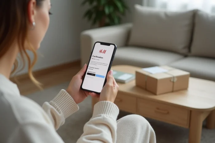 Femme consultant la confirmation de retour H&M sur son smartphone depuis chez elle avec un colis prêt à être envoyé
