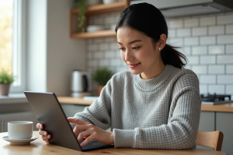 Femme connectée à son compte Quintonic sur une tablette dans une cuisine moderne
