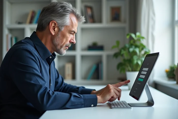 Homme se connectant à son espace personnel Quintonic sur tablette dans un bureau à domicile