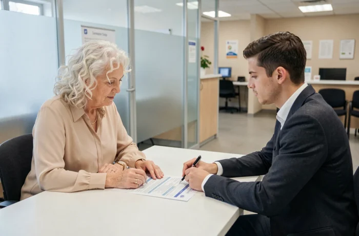 Femme accompagnée d'un conseiller pour vérifier le versement de sa pension invalidité dans un bureau administratif