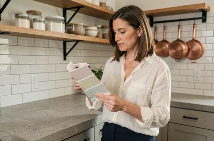 Femme comparant des échantillons de peinture dans une cuisine rénovée avec étagères ouvertes et plan de travail en béton