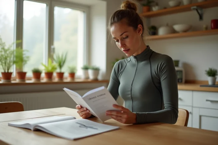 Femme lisant le guide d'utilisation Fit Body Curve à une table de cuisine, illustrant les conseils pratiques pour optimiser le port de la combinaison gainante