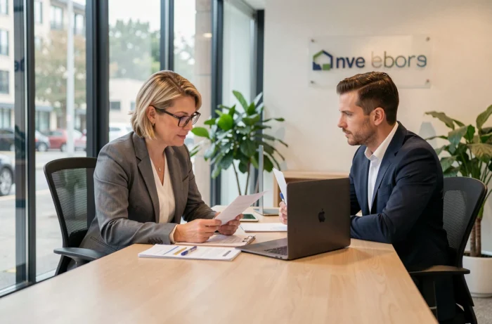 Femme consultant un conseiller immobilier dans une agence moderne pour son projet d'achat