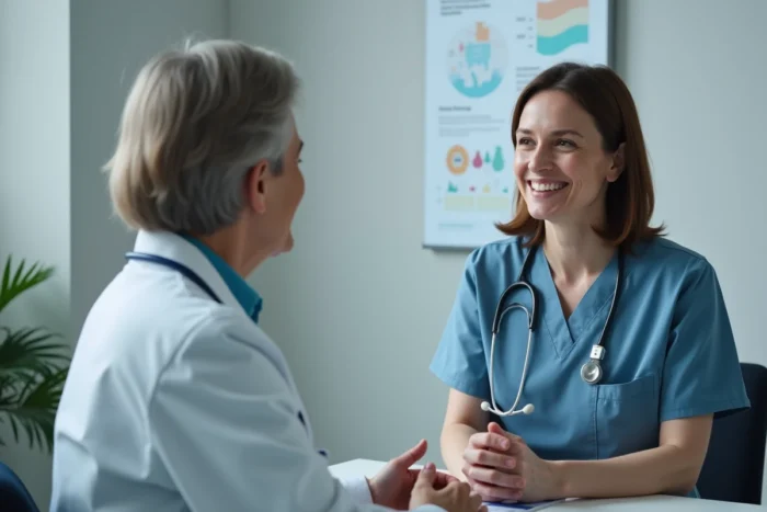 Médecin femme en consultation avec une patiente discutant d'un complément alimentaire dans une salle d'examen moderne