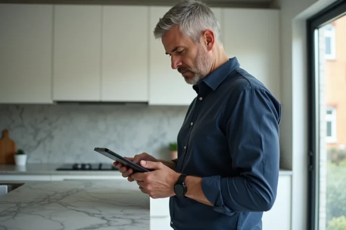 Homme consultant ses messages reçus dans son espace membre sur une tablette dans une cuisine moderne