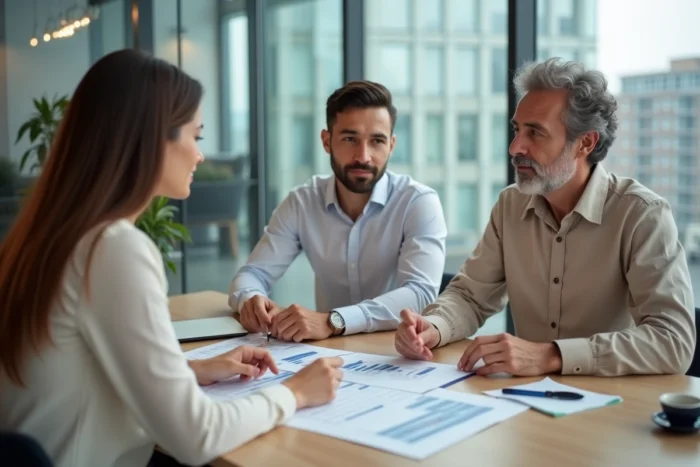 Consultation entre un expert immobilier et un couple de clients discutant des tarifs et d'un rapport d'évaluation immobilière dans une agence moderne
