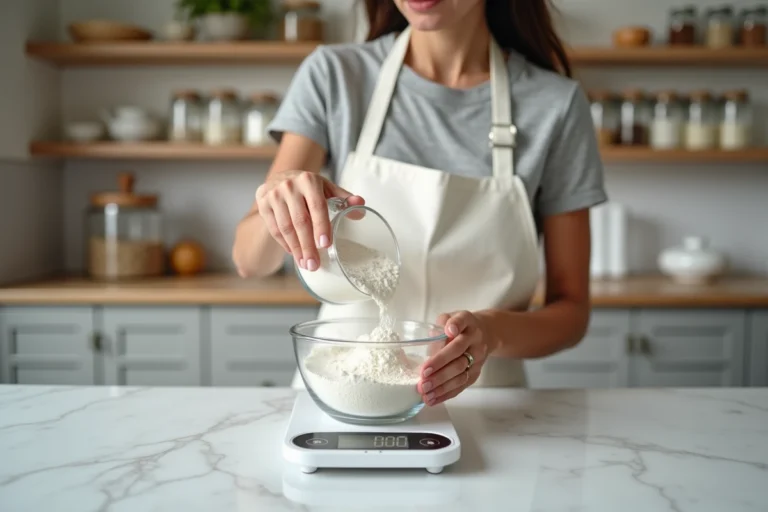 Femme versant 100g de farine sur une balance de cuisine numérique pour convertir grammes en litres