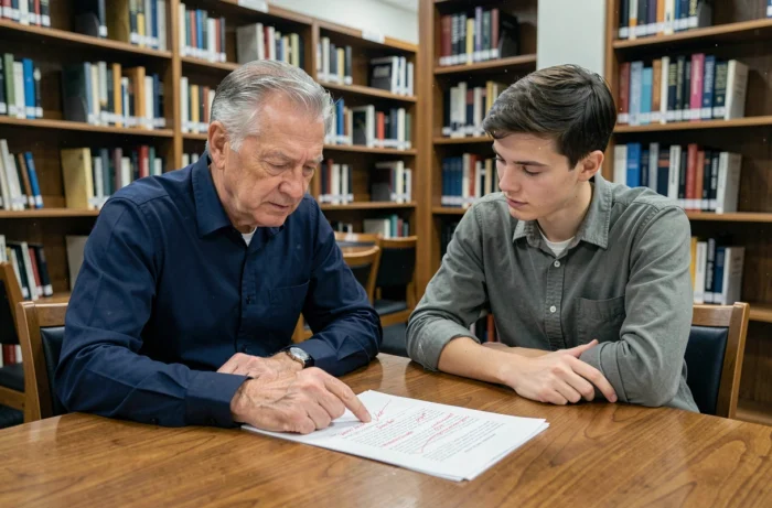 Deux collègues dans une bibliothèque relisant un document corrigé en rouge, illustrant l'apprentissage des règles grammaticales françaises comme l'usage d'aillant et ayant