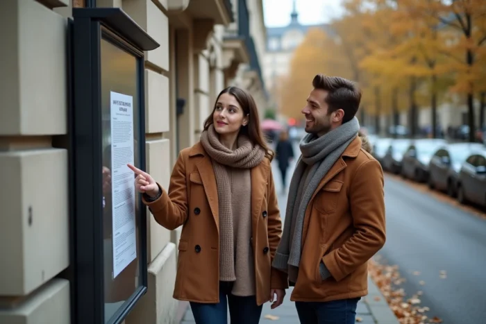 Couple consultant une annonce de location immobilière affichée devant un immeuble résidentiel