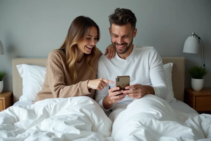 Couple dans une chambre utilisant un smartphone pour jouer à des questions personnalisées Les Z'Amours
