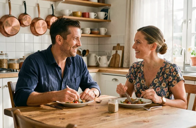 Couple partageant un repas en famille dans une cuisine chaleureuse et authentique