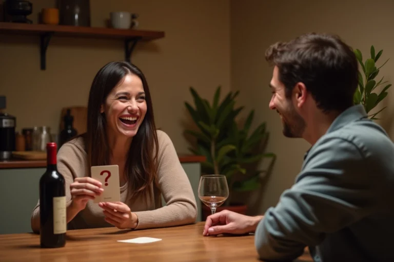 Couple jouant à un jeu de questions personnalisées style Les Z'Amours autour d'une table en bois