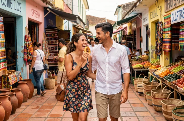 Couple de voyageurs au marché d'Asunción, capitale du Paraguay et ville commençant par A