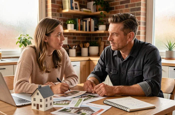 Couple planifiant un investissement locatif à domicile avec des brochures immobilières et des calculs de rendement