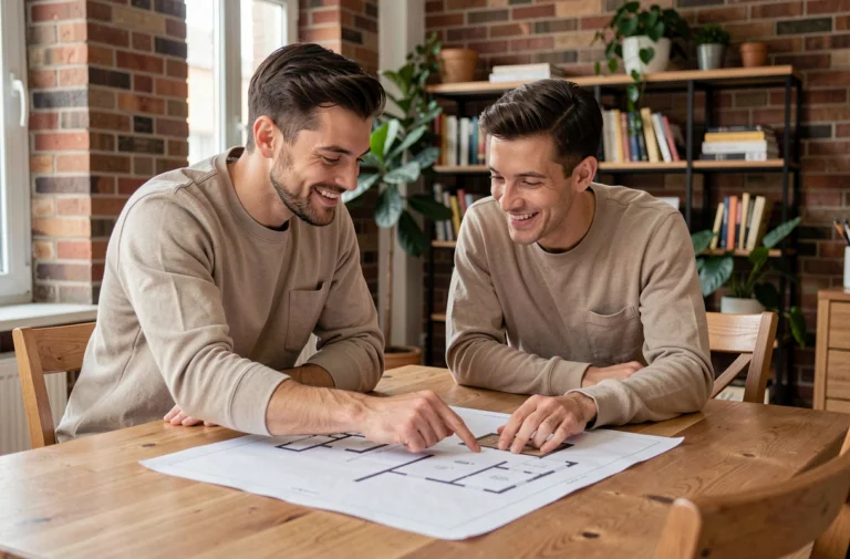 Couple étudiant des plans architecturaux pour leur projet immobilier dans un appartement moderne