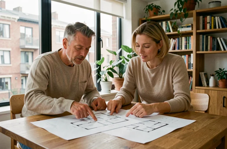 Couple examinant des plans immobiliers et des documents pour leur projet d'achat ou de vente de maison
