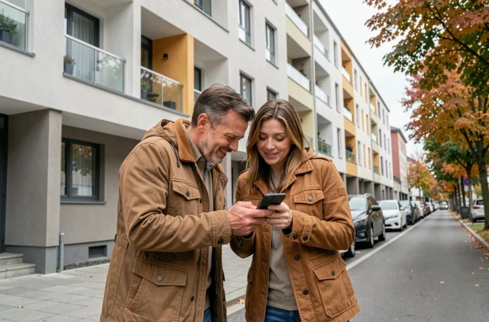 Couple cherchant un bien immobilier via une application innovante devant un immeuble résidentiel moderne en ville