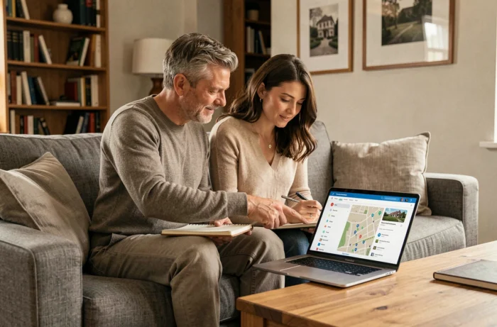 Couple cherchant des informations sur un site immobilier ensemble dans leur salon