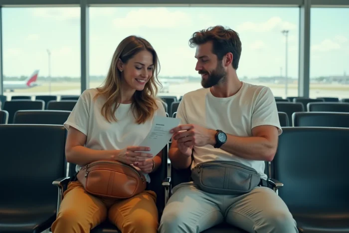 Couple en salle d'embarquement avec des sacs banane sur les genoux avant leur vol
