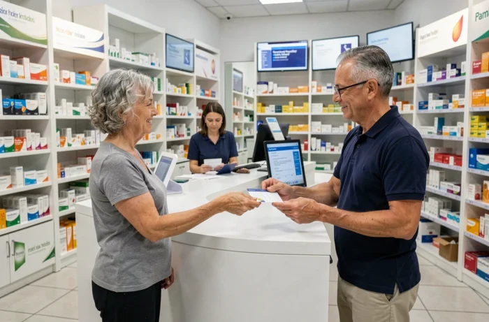 Couple de seniors expatriés remettant une ordonnance à un pharmacien avec une carte d'assurance santé internationale
