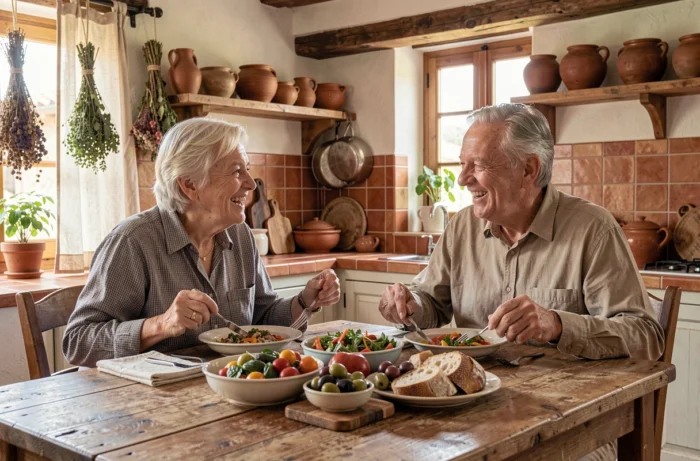 Couple de seniors partageant un repas méditerranéen dans une cuisine provençale, image de convivialité et de bien-être à la retraite