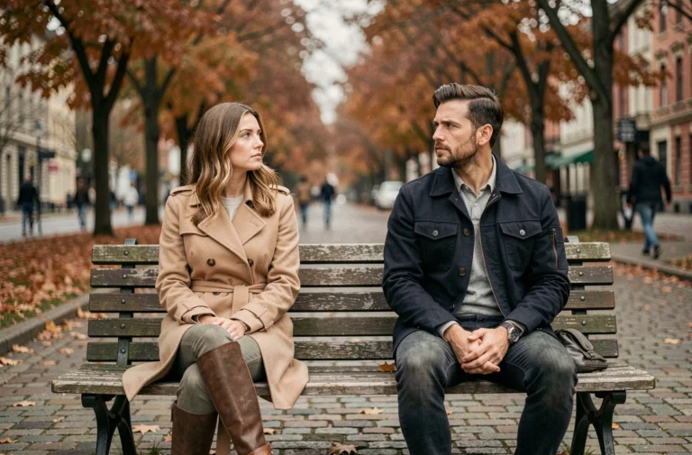 Un couple assis sur un banc de parc en automne, regardant dans des directions opposées, symbolisant une séparation ou une tension dans leur relation
