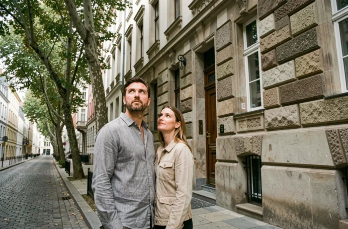Couple évaluant la façade d'un immeuble résidentiel lors d'une visite pour un investissement immobilier locatif