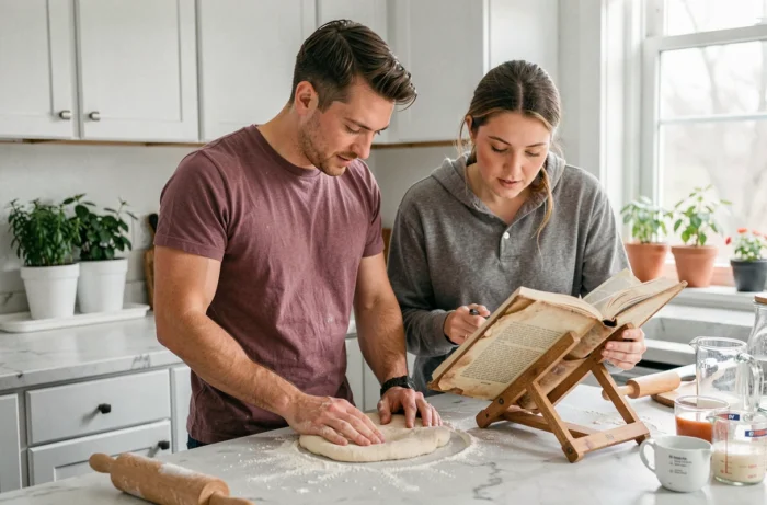 Couple préparant une pâte maison ensemble dans une cuisine bien organisée avec un livre de recettes ouvert