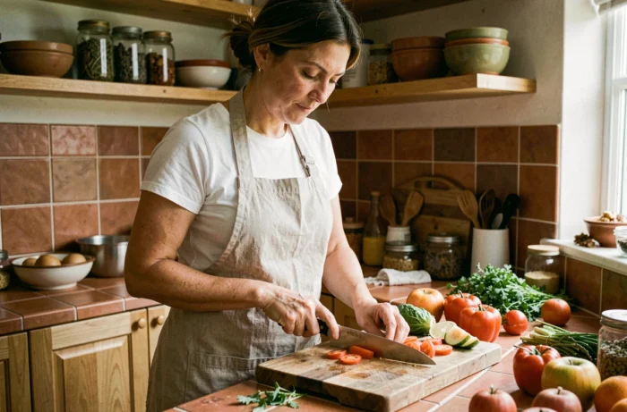 Femme préparant des légumes frais sur une planche en bois dans une cuisine maison conviviale