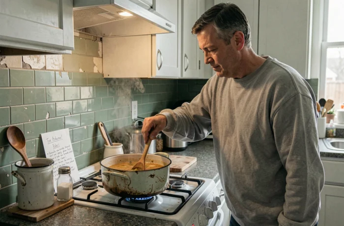 Homme qui remue une soupe maison dans une casserole sur une cuisinière à gaz dans un appartement