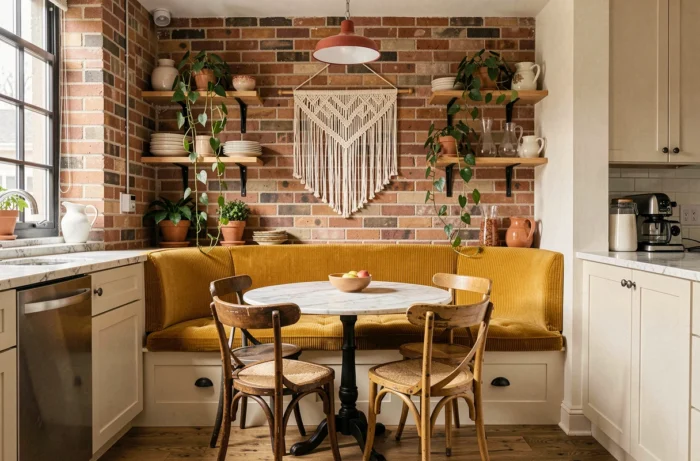 Coin repas de cuisine relooké avec chaises vintage dépareillées, table en marbre et banquette en velours côtelé moutarde