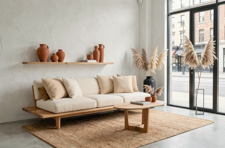 Salon moderne décoré dans un style scandinave avec canapé en bouclé crème, vases en céramique terracotta et herbes de pampa