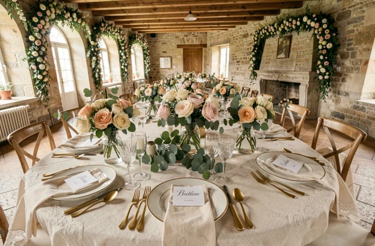 Décoration de table de mariage élégante avec roses ivoire, nappes en dentelle et vaisselle dorée dans un château en pierre