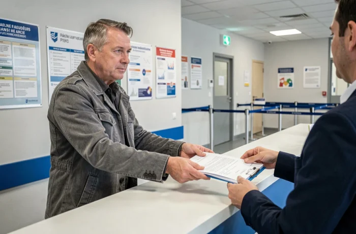 Homme déposant son dossier de documents pour une demande de carte grise en préfecture