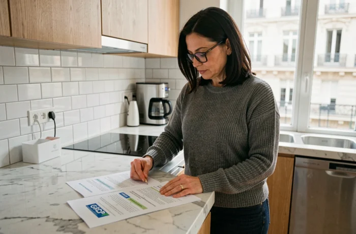 Femme consultant les documents administratifs pour un raccordement au gaz GRDF dans une cuisine moderne parisienne