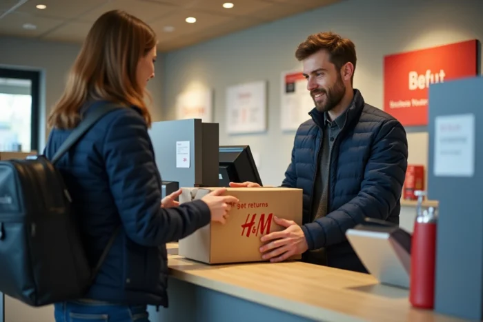 Homme déposant un colis de retour H&M au comptoir d'un bureau de poste lors d'un retour en ligne