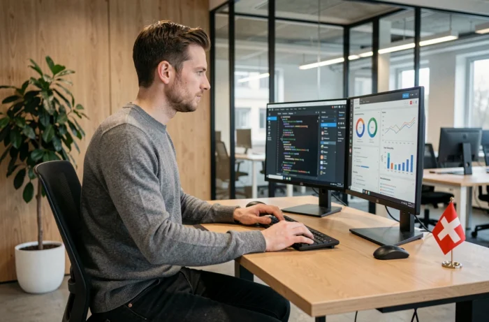 Développeur de startup suisse travaillant sur des tableaux de bord analytiques dans un bureau minimaliste à Bâle