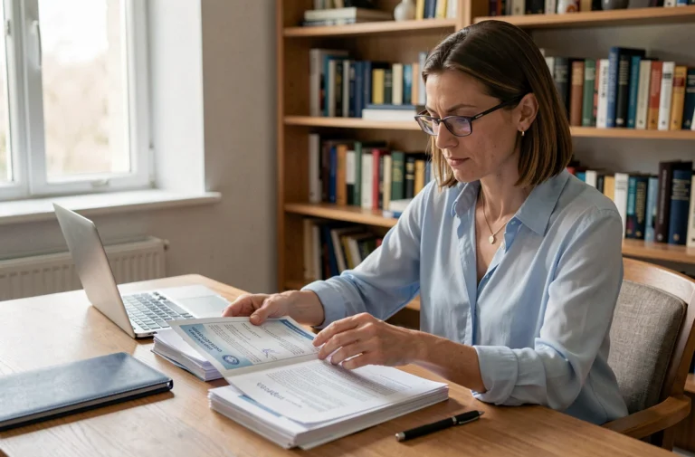 Femme consultant les documents nécessaires pour obtenir une nouvelle carte grise à son bureau à domicile