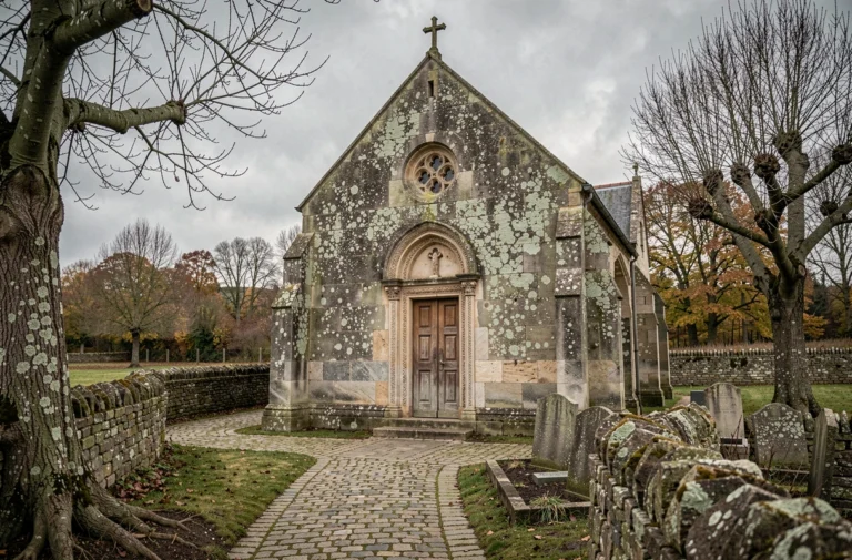 Église en pierre ancienne du village de Soupir avec cimetière et chemin pavé en automne