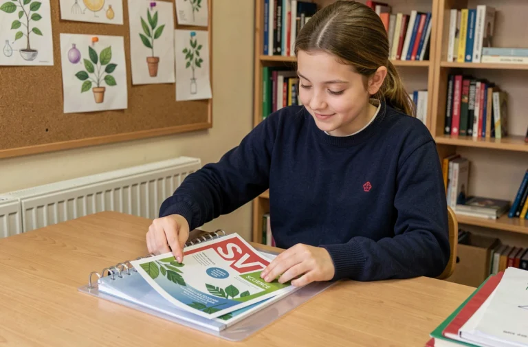 Élève collégiennes organisant une page de garde SVT imprimée dans un classeur scolaire sur un bureau en bois