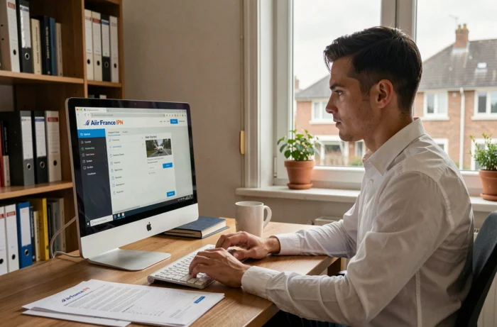 Employé Air France se connectant à distance à la plateforme IPN depuis son bureau à domicile sur ordinateur