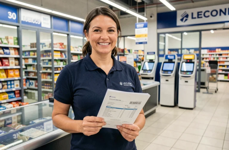 Employée Leclerc souriante tenant un bulletin de paie près d'une caisse de supermarché, illustrant les avantages salariaux et le 13ème mois