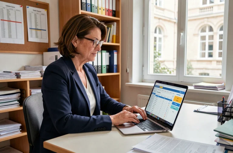 Enseignante utilisant une application de gestion scolaire sur ordinateur dans un bureau administratif d'un lycée de l'académie Aix-Marseille