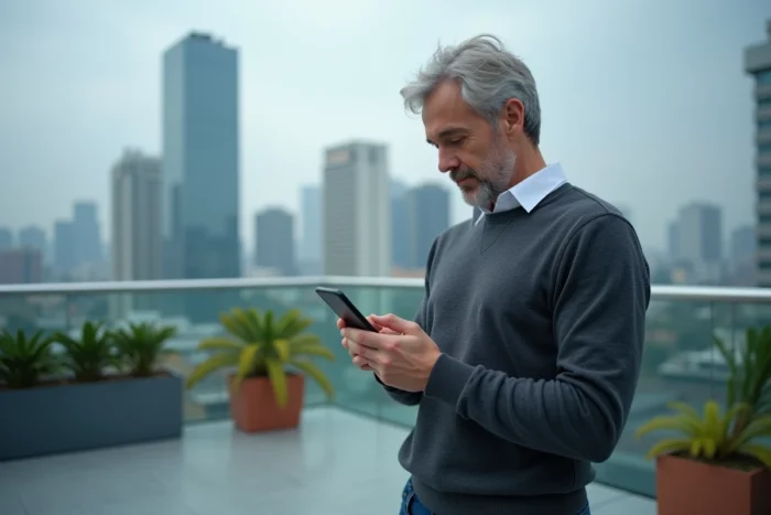 Entrepreneur consultant sa stratégie de visibilité digitale sur smartphone depuis une terrasse avec vue sur la ville