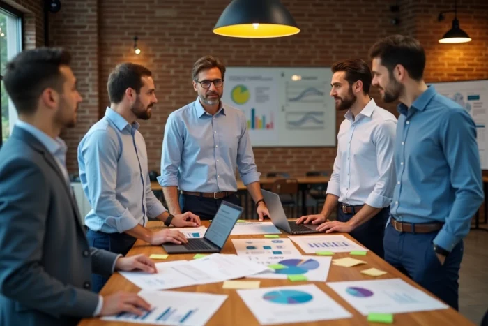 Équipe marketing en réunion stratégique autour de rapports SEO et de métriques de réseaux sociaux dans un espace de co-working