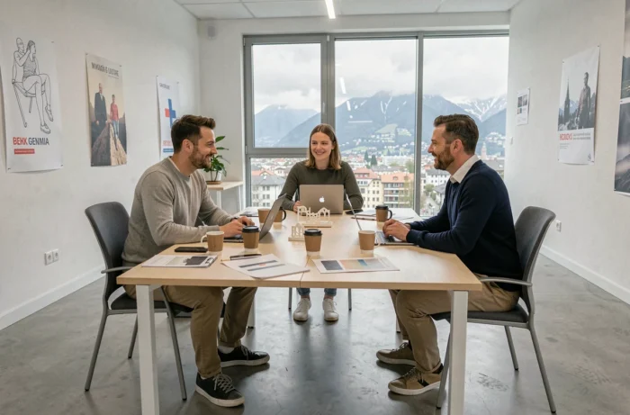 Équipe de fondateurs de startups collaborant autour d'une table dans un hub d'innovation à Genève